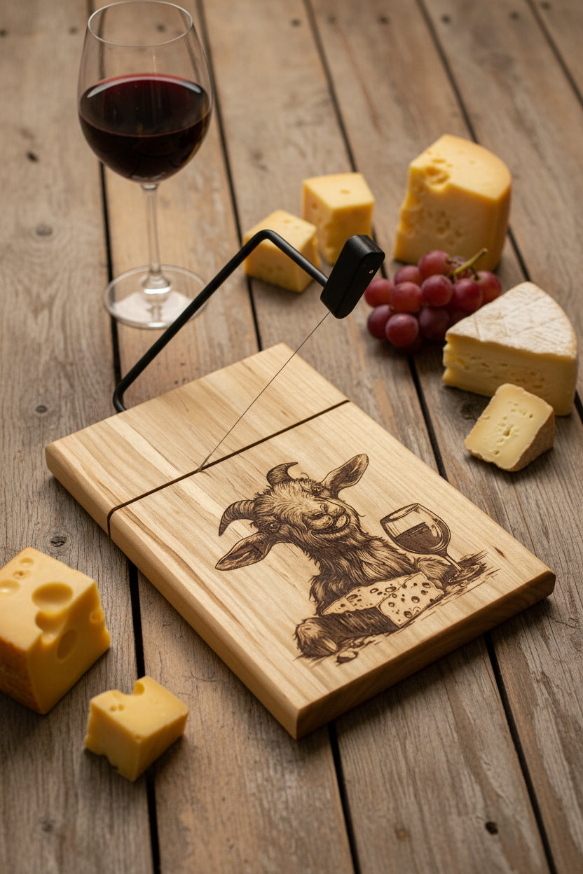 Wooden cheese board with goat design, wine glass, and cheese on a wooden surface