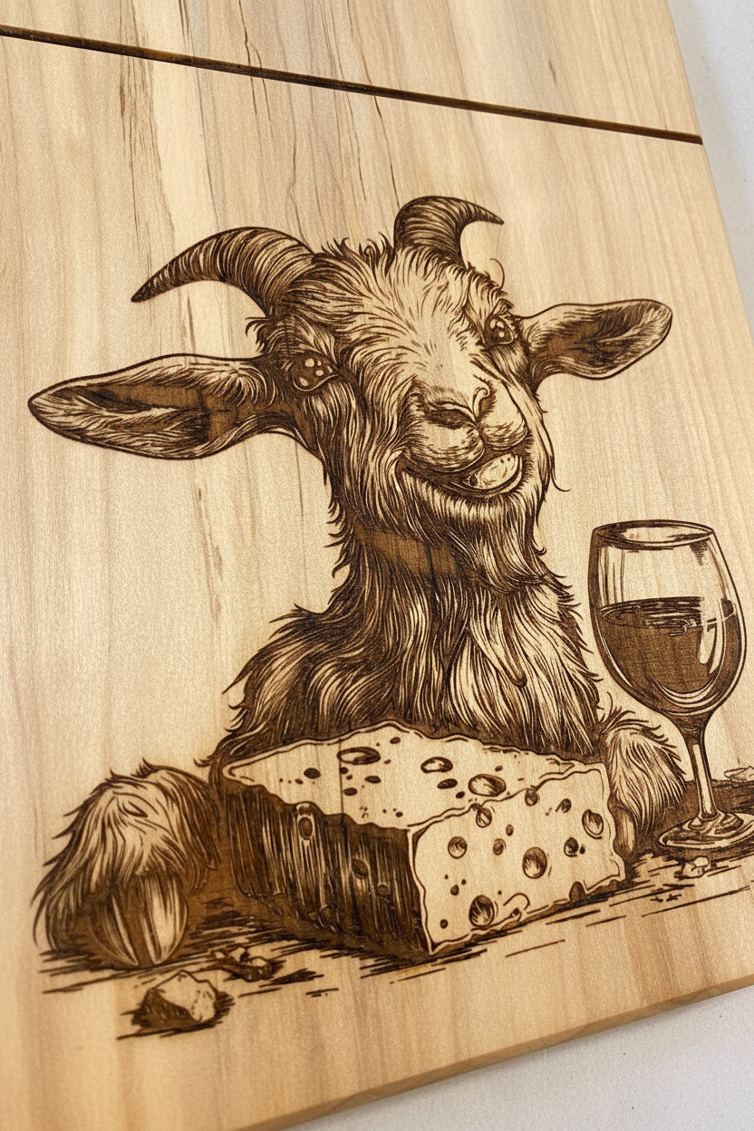 Wooden cutting board with engraved illustration of a goat, cheese, and glass of wine.
