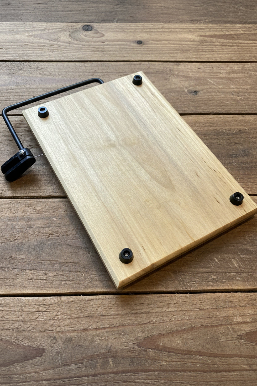 Wooden cutting board with black handles on a wooden surface