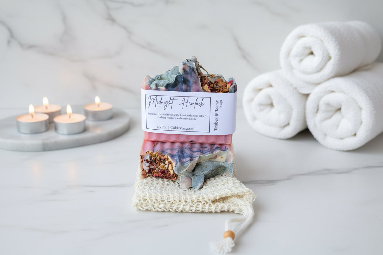 Midnight Hemlock Soap in a spa bathroom setting