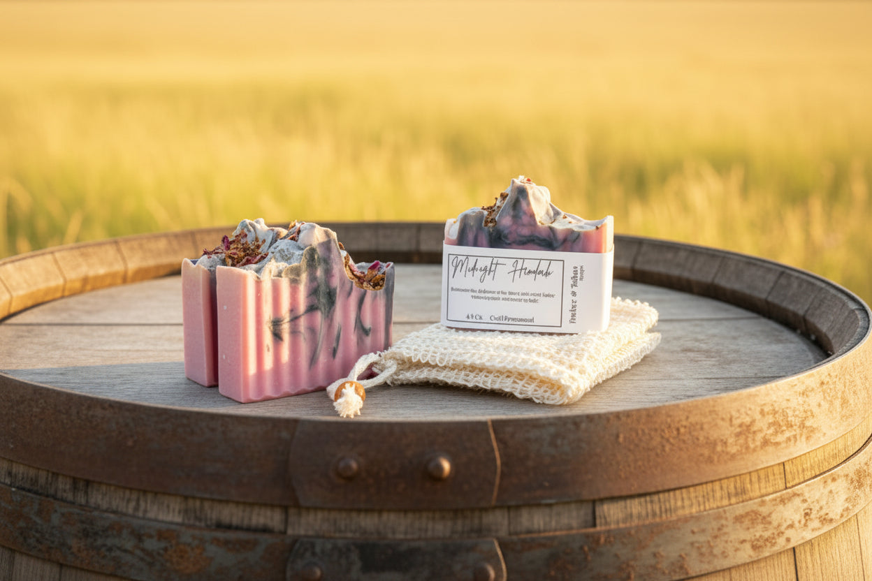 3 soaps on a wine barrel with a field background
