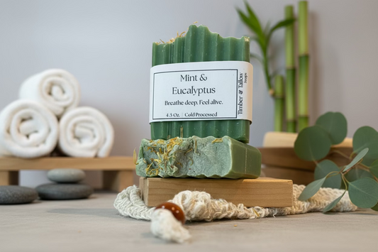 Green soap bar with a label on a wooden stand, surrounded by rolled towels and plants.