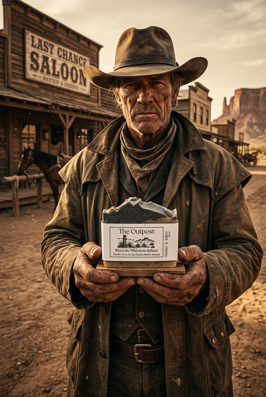 Old cowboy holding The Outpost Soaps
