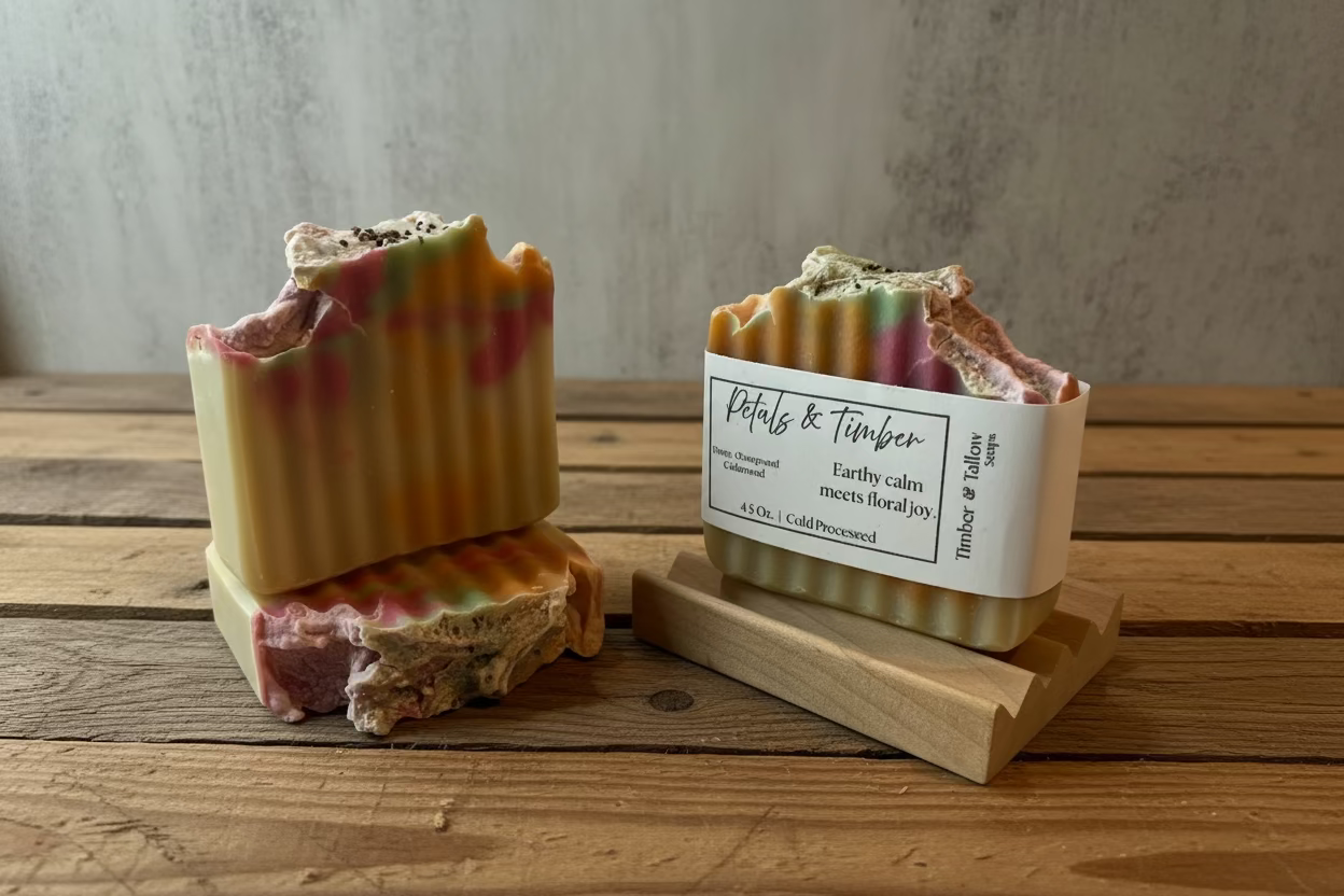 Two bars of soap with a visible brand label on a neutral background