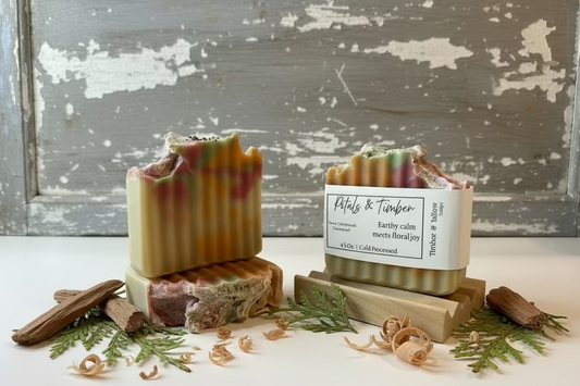 Handmade soap bars with natural elements on a rustic background