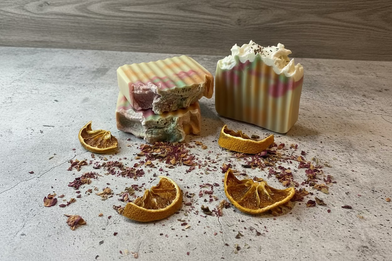 Two rectangular soap bars with decorative designs on a white surface with dried oranges and red flowers