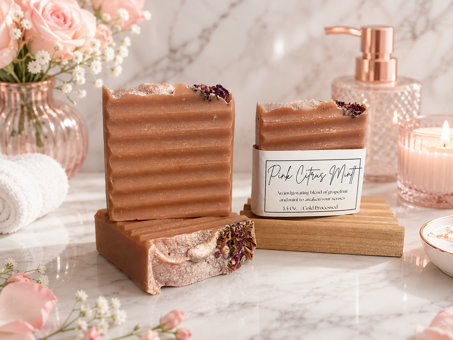 Bar of soap with decorative elements on a marble surface with a bottle of soap and flowers in the background.