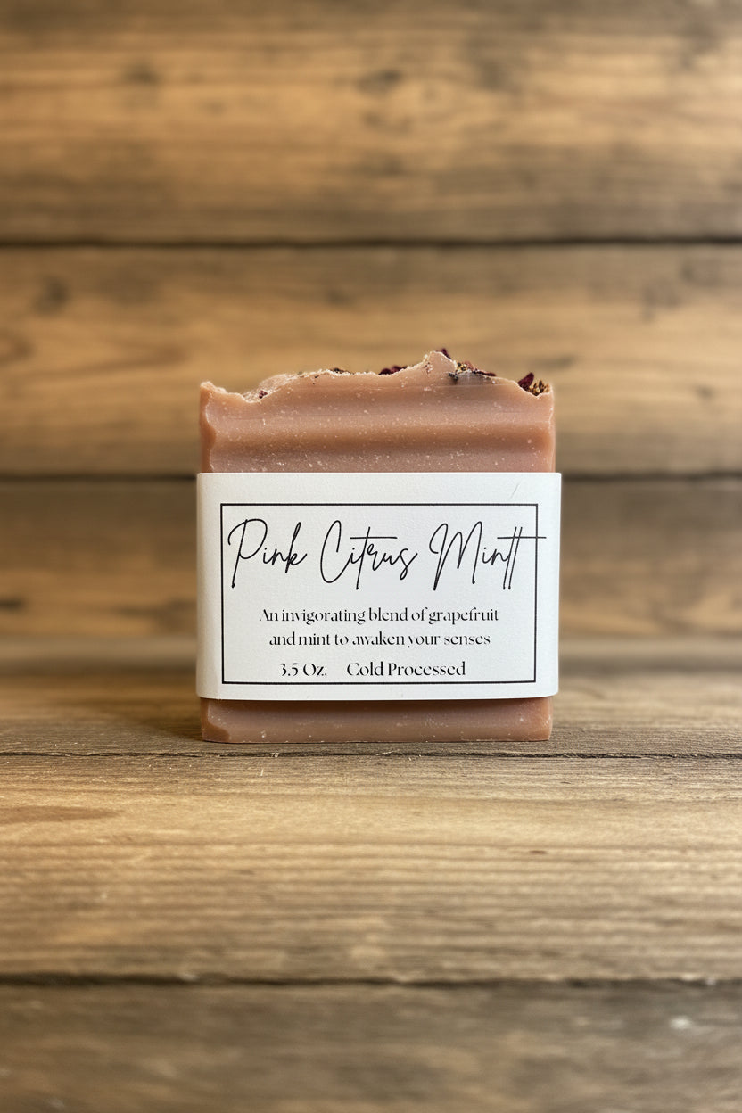 Bar of soap with a label on a light gray background