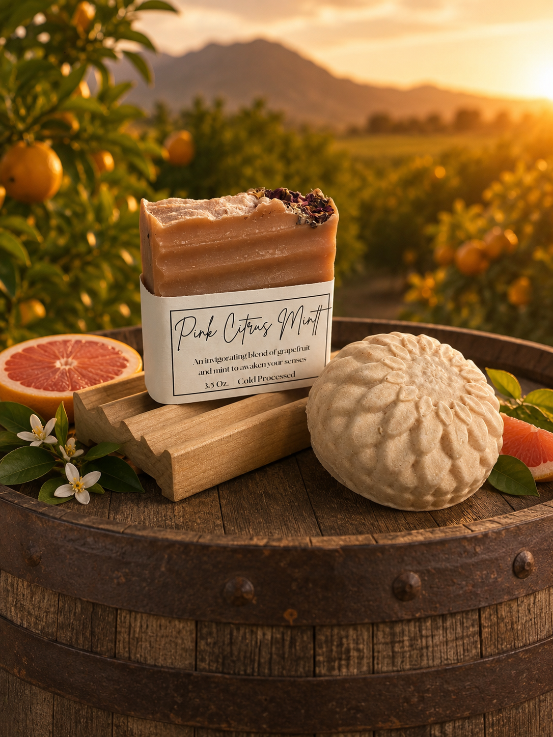 Two soaps on a wooden barrel with a scenic background of citrus trees and mountains.