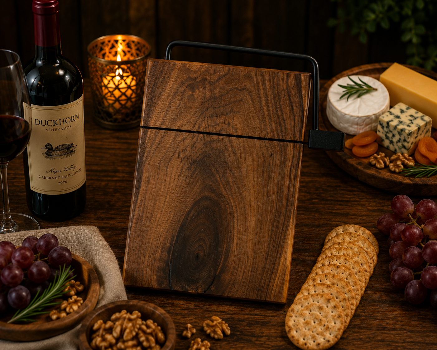 Wooden cheese board with wine, grapes, and cheese on a wooden table