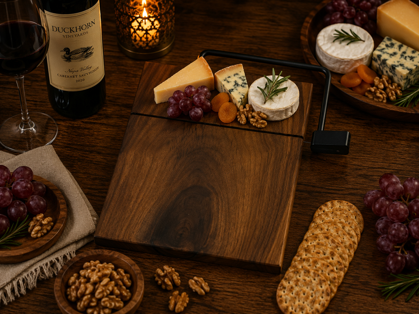 Wooden cutting board with assorted cheeses, fruits, and crackers on a wooden table with a bottle of Duckhorn wine.