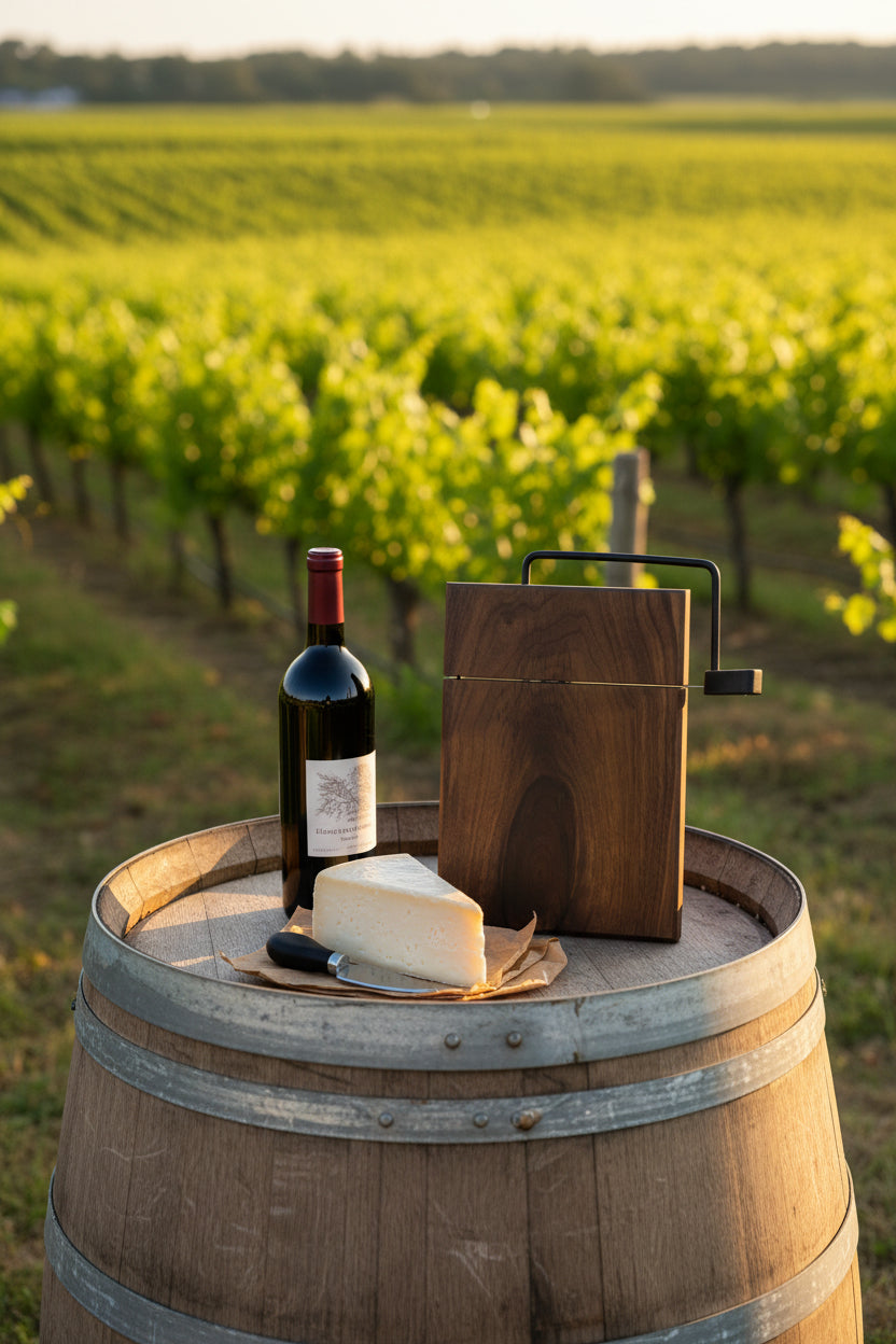 Walnut cheese board on a wine barrel in a vineyard