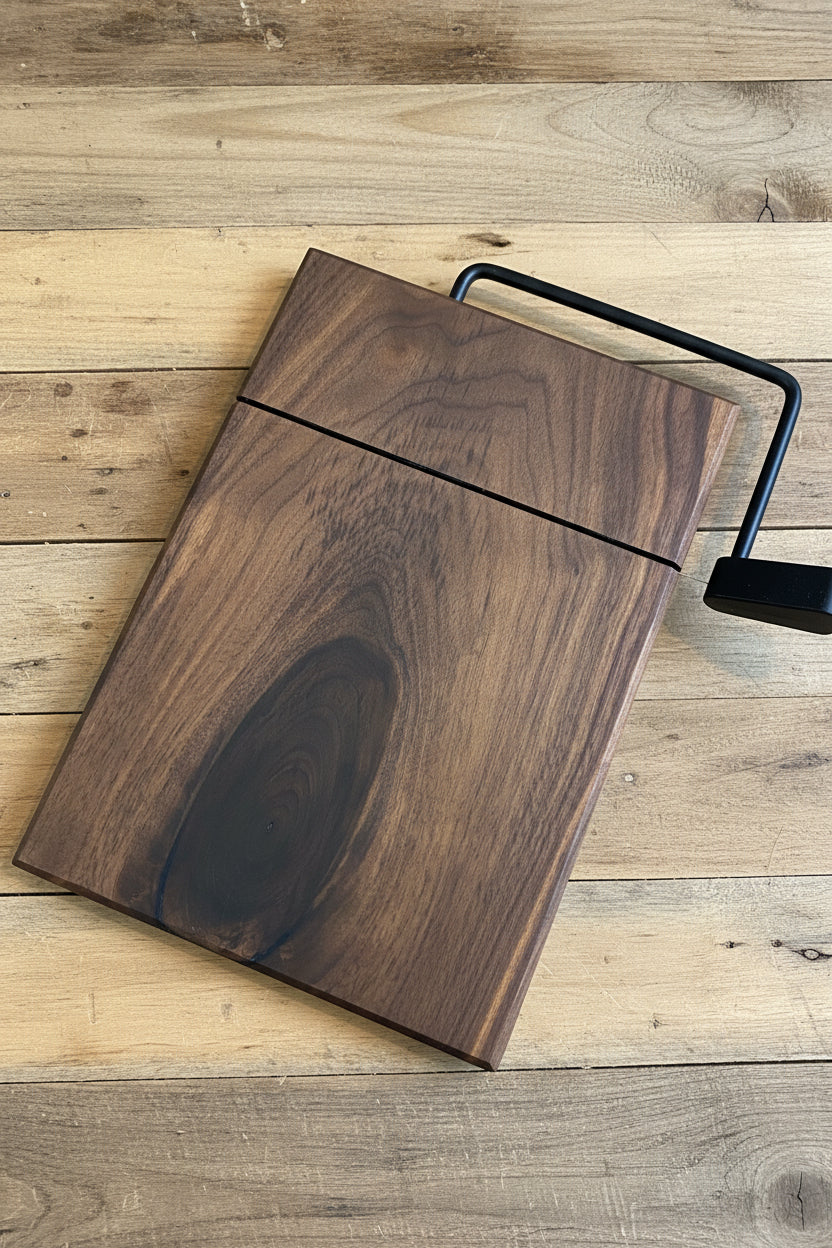 Wooden cutting board with a black handle on a wood slat background