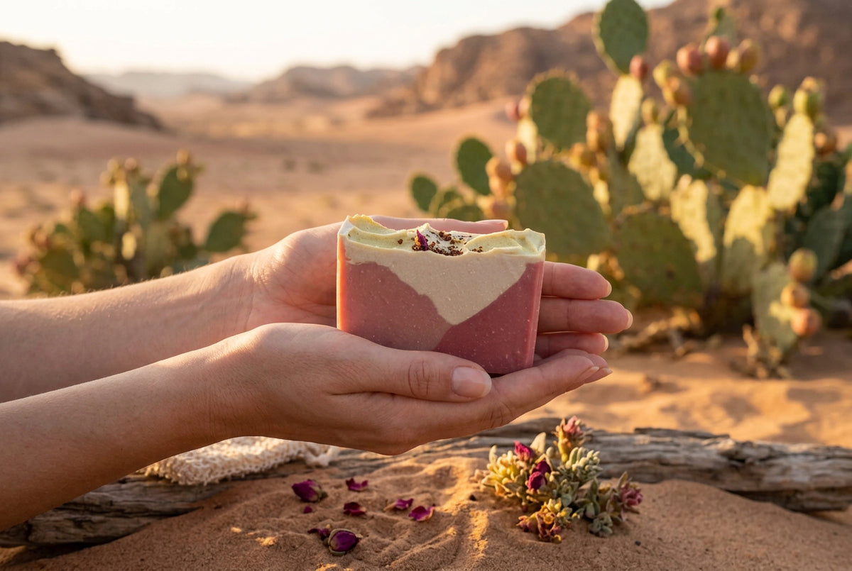 Two hands holding soap with a desert backsplash
