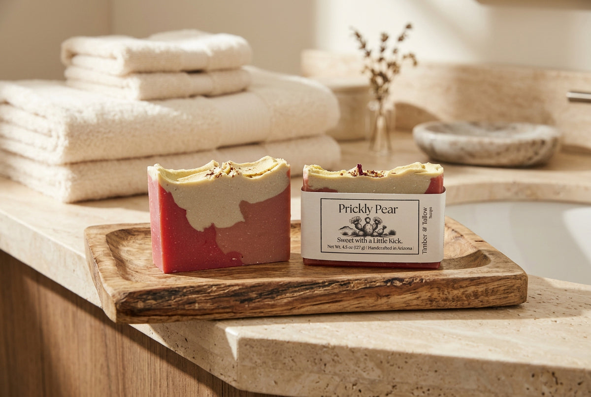 Two Bars of Prickly Pear Soap sitting on a wood tray on the counter