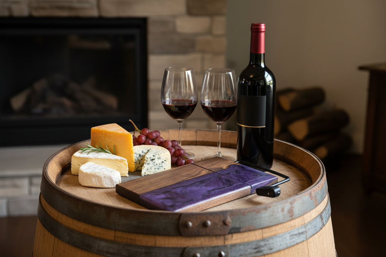 Purple_walnut_Cheese_Cutter on a wine barrel with Cheese and Wine