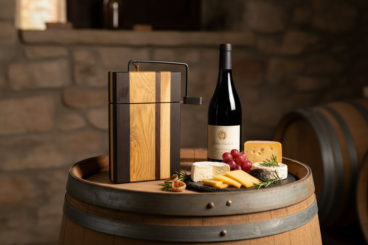 Roasted walnut, Ambrosia Maple and grandilla cheese board on a wine barrel with cheese.