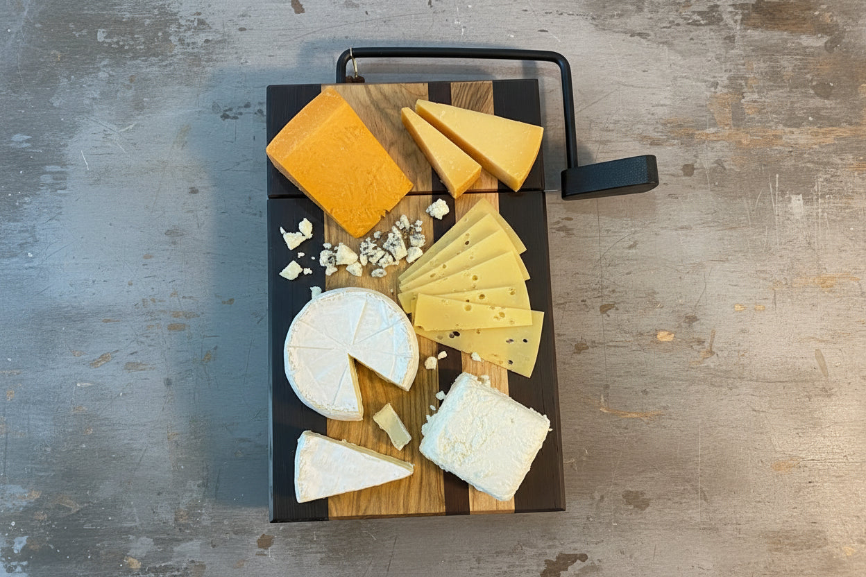 Wood cheese board on a rustic surface with an assortment of cheese.