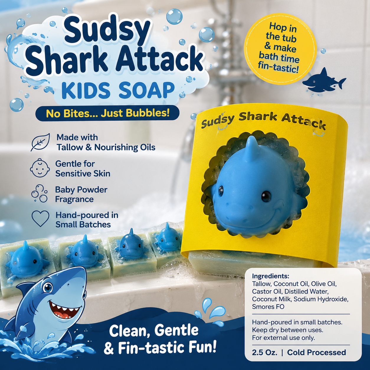Shark Attack Kids Soap | Tallow Soap | Smores Fragrance | Handmade Artisan Soap