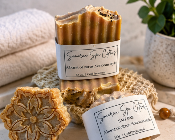 Two soap bars with 'Sonoran Spa Citrons' branding on a neutral background.