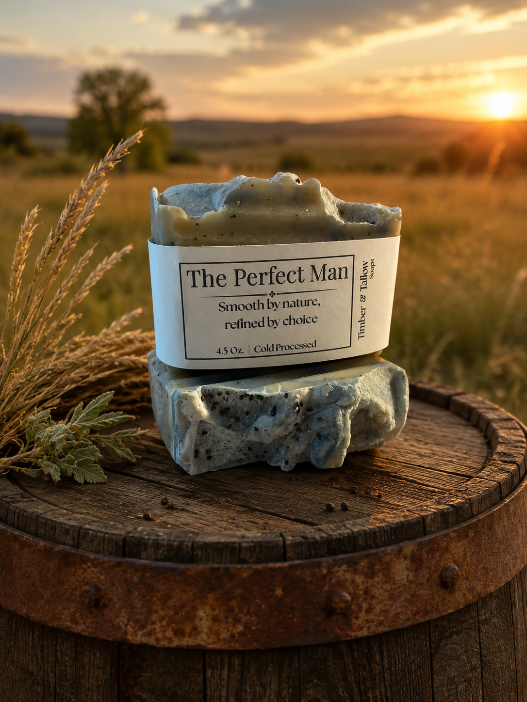 Bar of soap labeled 'The Perfect Man' on a wooden barrel with a sunset landscape in the background
