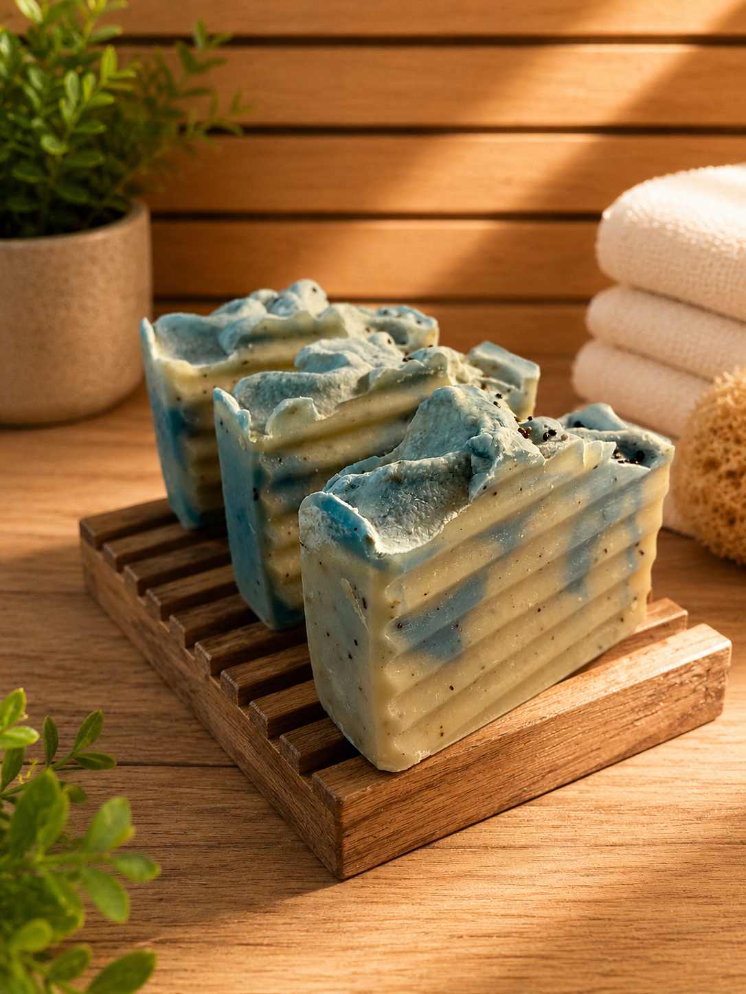 Three bars of blue and white soap on a wooden soap dish with a wooden background.