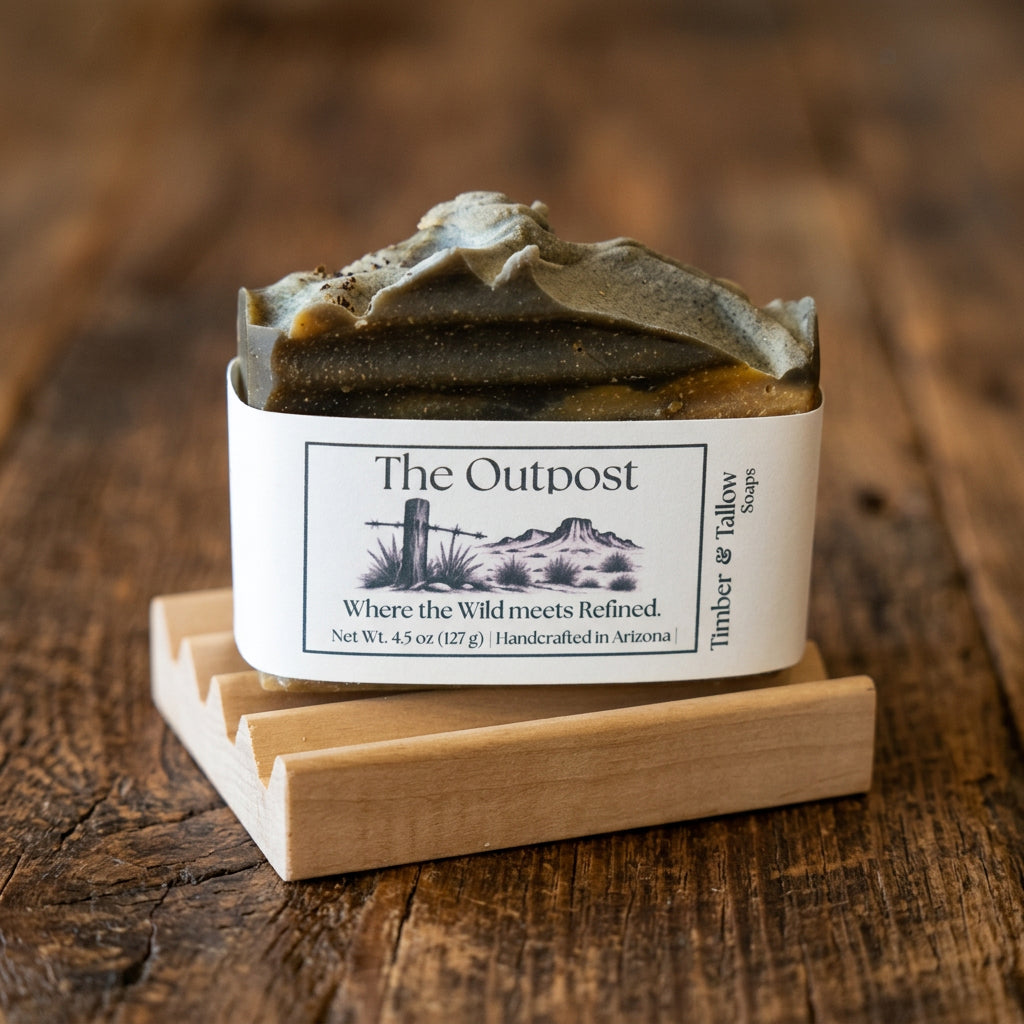 The Outpost soap on a wore wood table