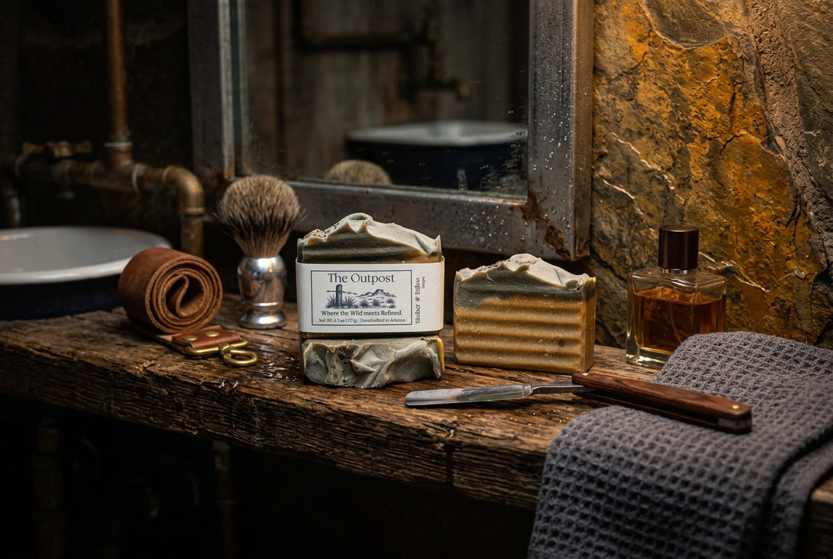 The Outpost Soaps on a shaving counter