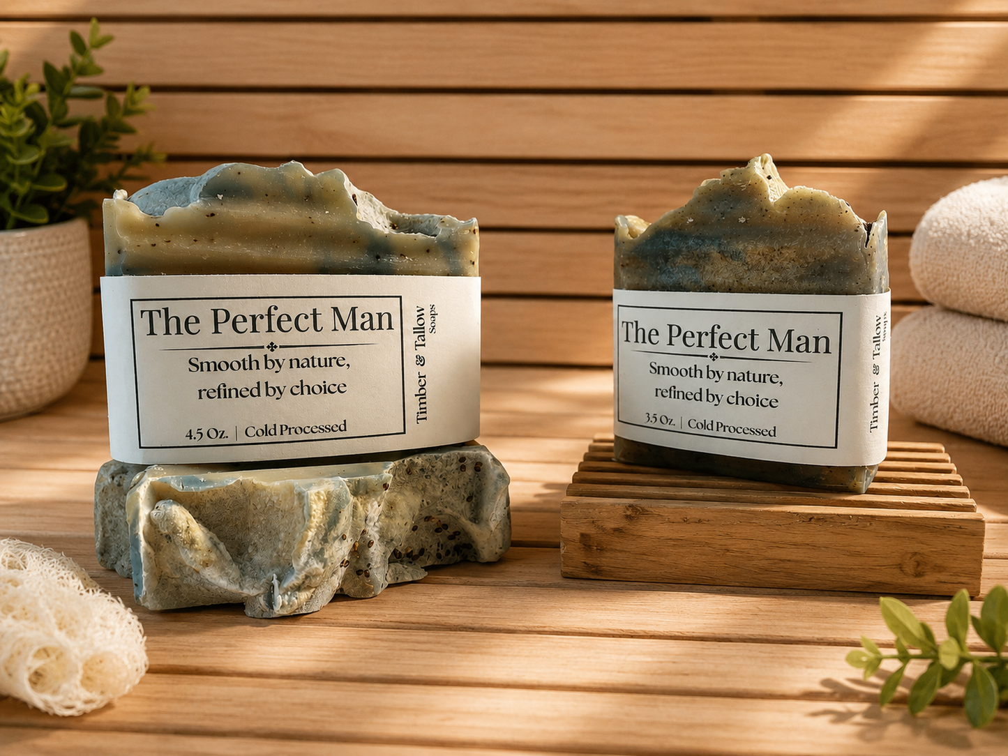 Two bars of 'The Perfect Man' soap on stands with a wooden background