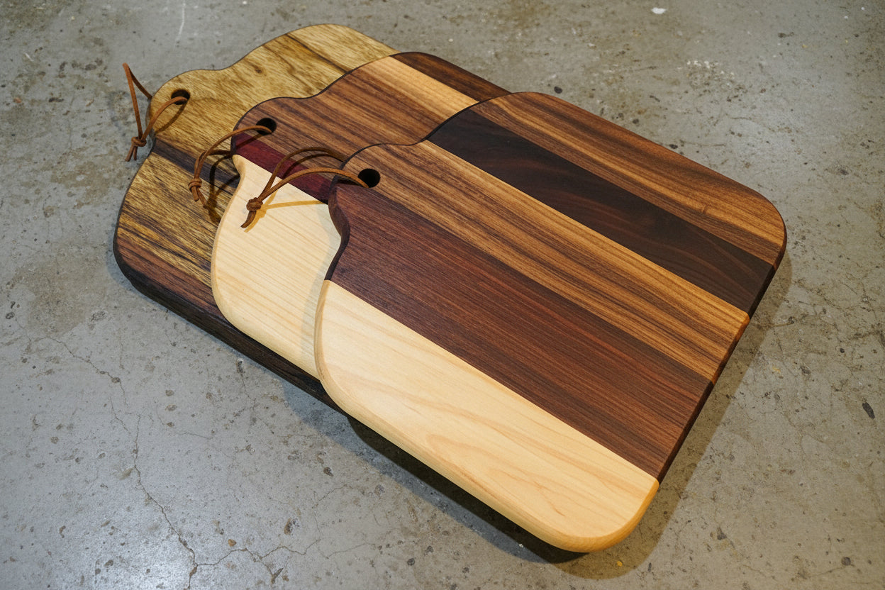 3 baby timber cutting boards lined up all from exotic woods