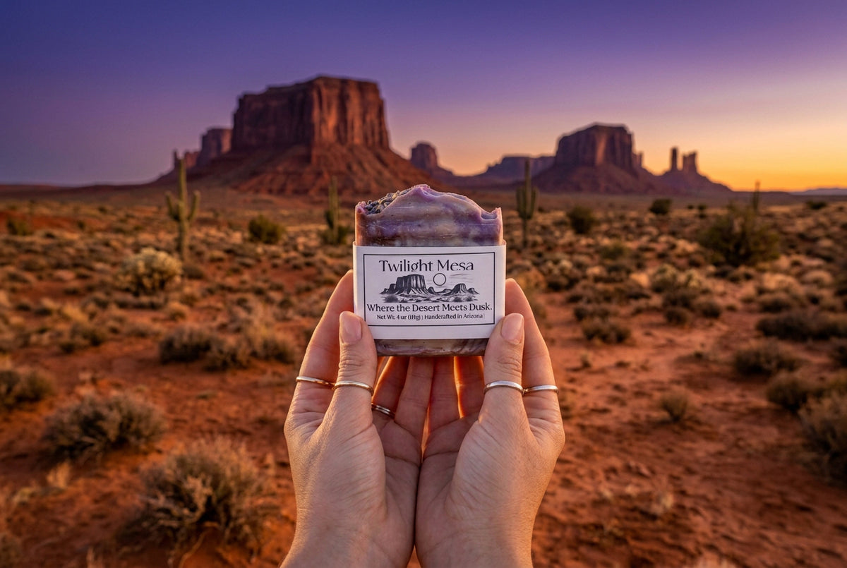 Two hands holding Soap overlooking Twilight Mesa