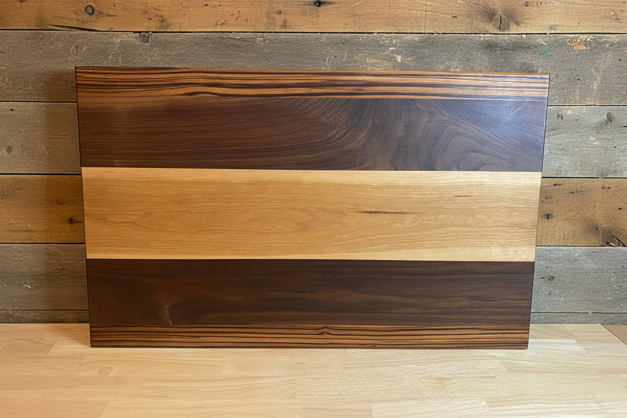 Wooden cutting board with striped pattern on a neutral background