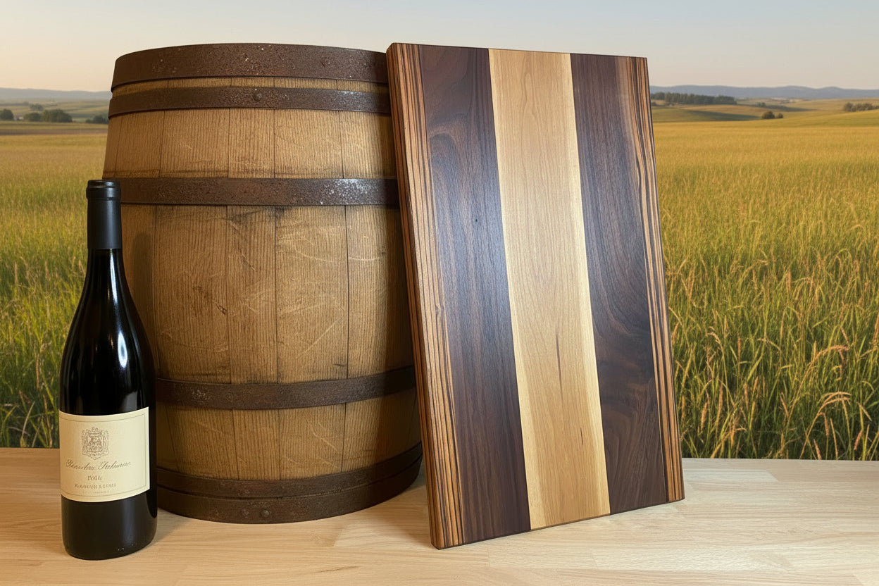 Wooden barrel, bottle of wine, and wooden cutting board against a field background