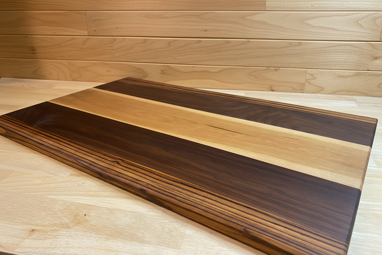 Wooden cutting board with a striped pattern on a wooden surface.