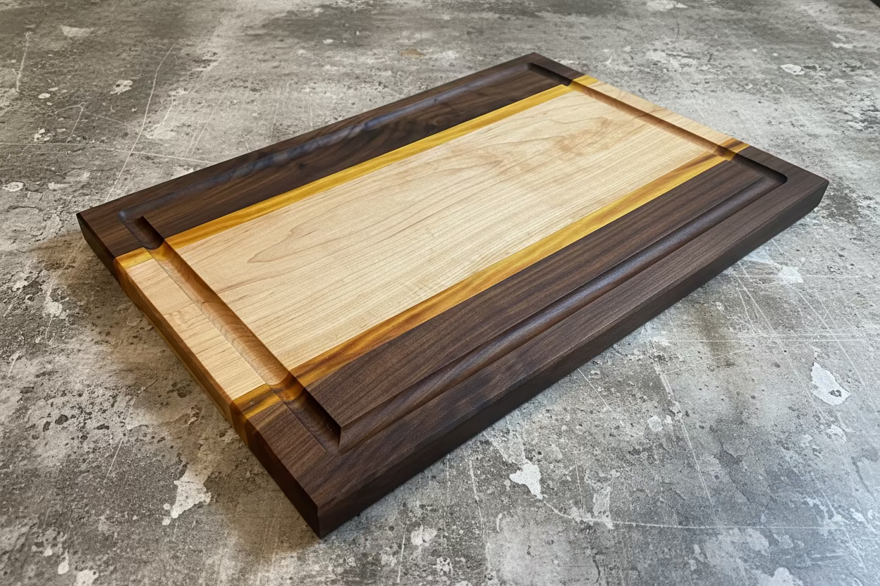 Walnut, Maple and Yellow Heart Xtra large cutting board on a worn gray surface. 