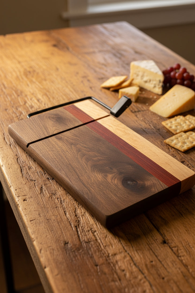 Exotic Wood Cheese Cutter Board made with Walnut, Padauk, Maple