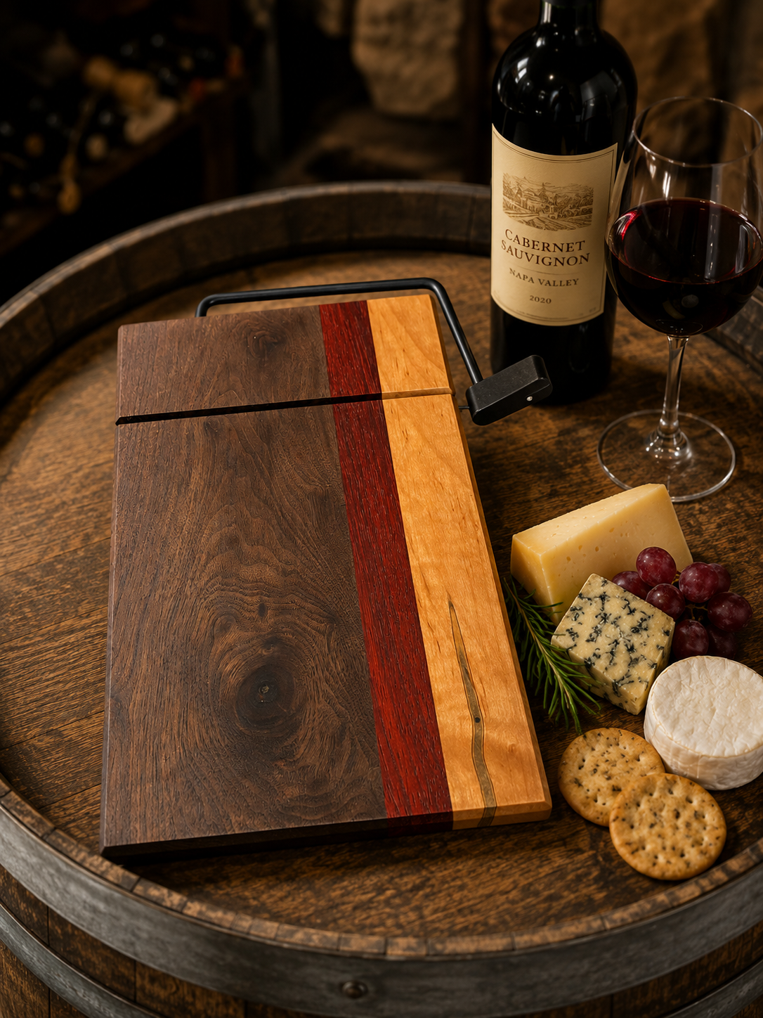 Wooden cutting board with red stripe on a wooden barrel with wine, cheese, and crackers.