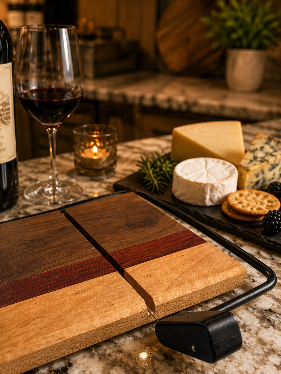 Wooden cutting board on a marble surface with wine, grapes, and cheese.