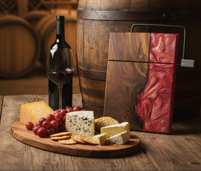 Wooden cutting board with cheese, grapes, and crackers next to a bottle of wine and a marbled-patterned cutting board.