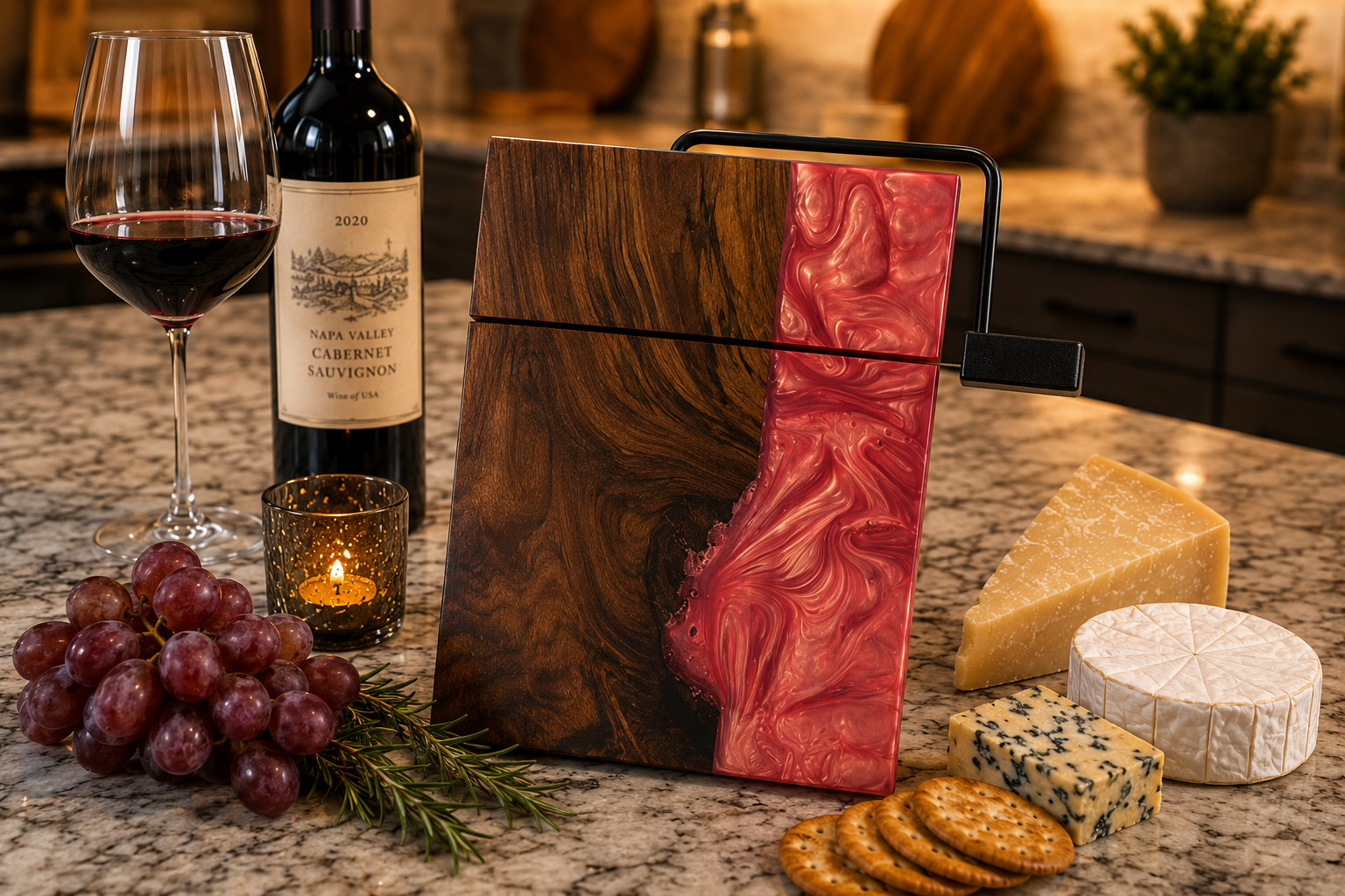 Wooden cutting board with red marble pattern on a kitchen counter with wine, grapes, and cheese.