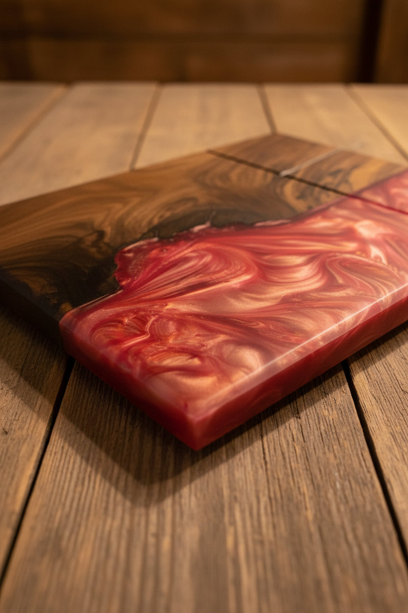 Swirled Pink and Walnut cheese board on a wood surface