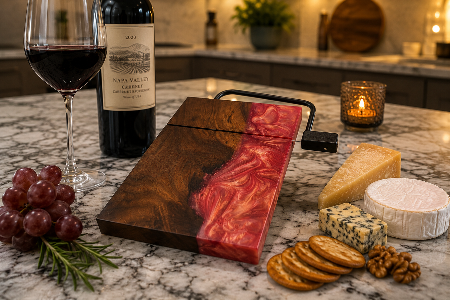 Marble cutting board with wine, grapes, and cheese on a kitchen counter
