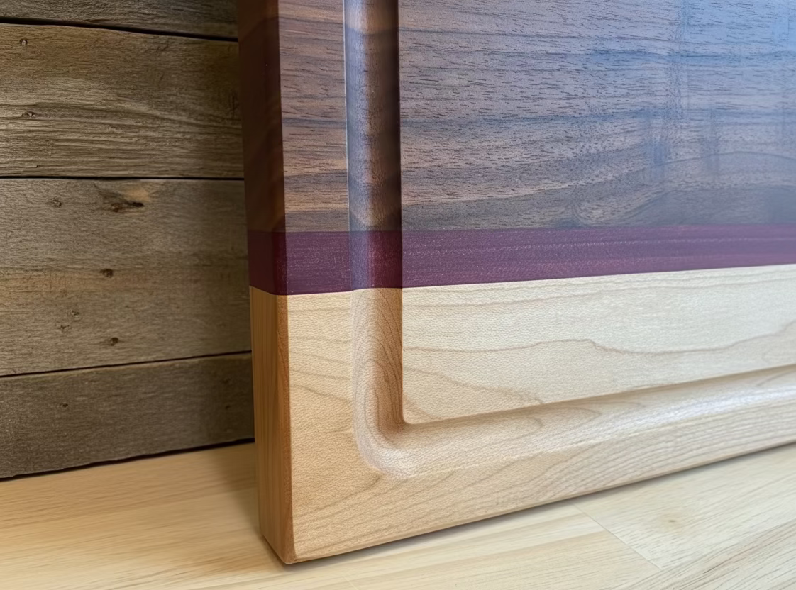 Close up of juice groove on a walnut, maple and purple heart cutting board