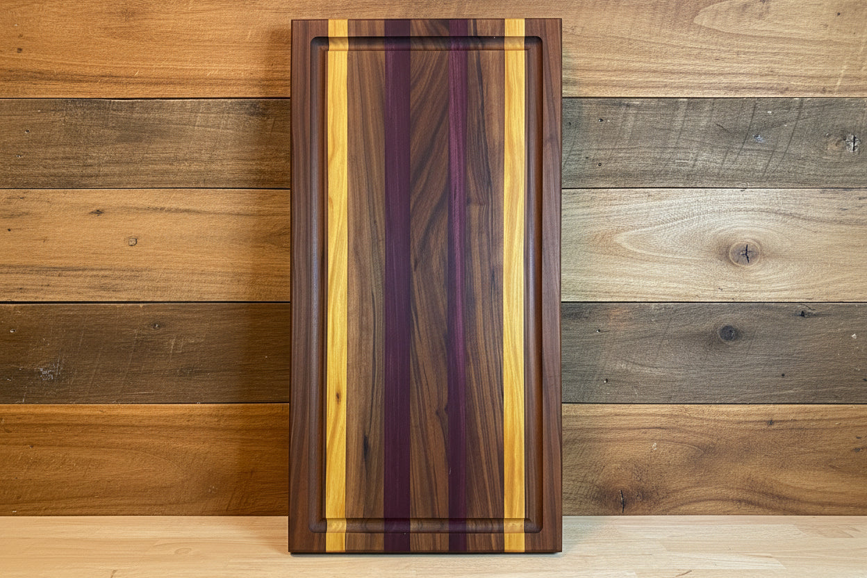 Wooden cutting board with purple and yellow stripes on a wooden background