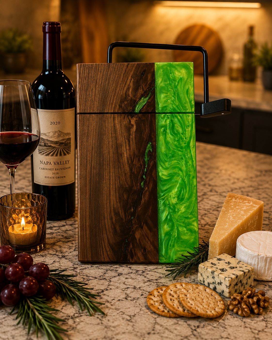 Wooden cheese board with green marbled design on a table with wine, cheese, and crackers.