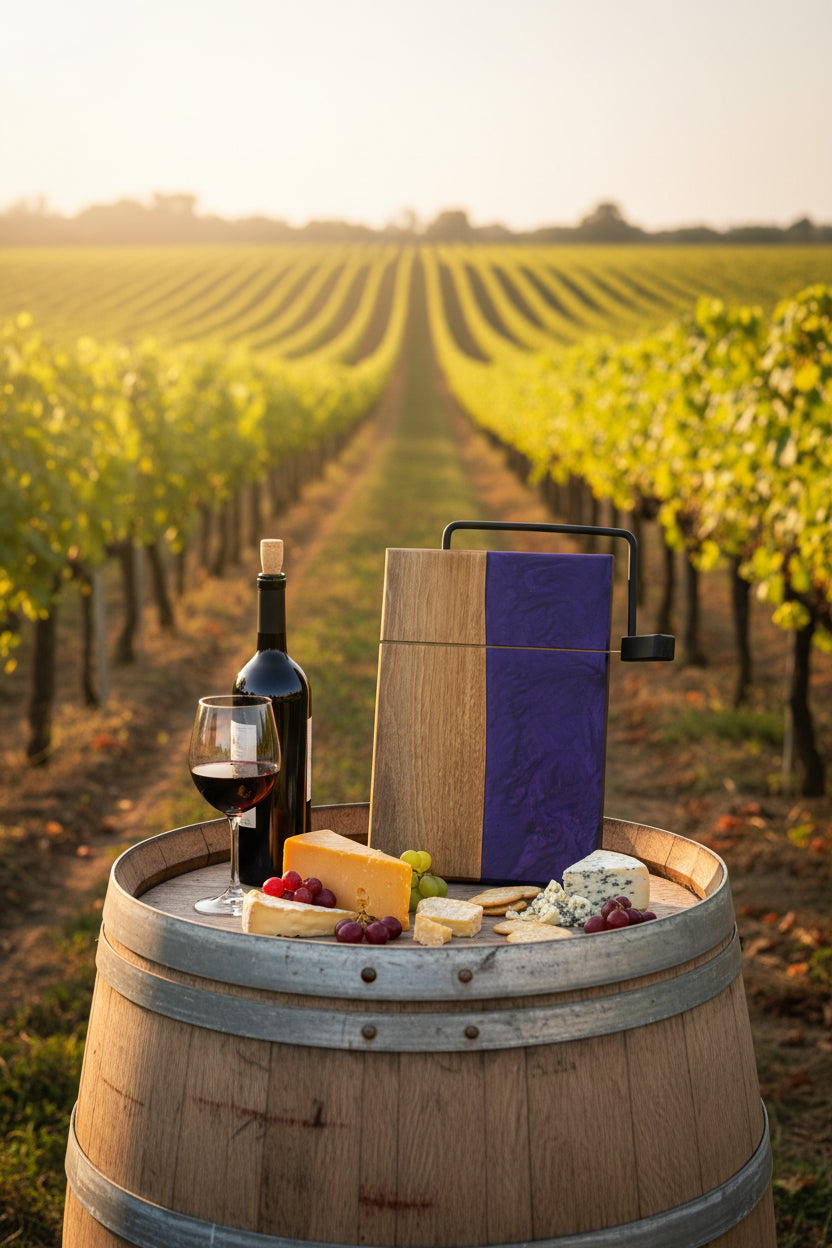 Wine bottle, glass, and cheese platter on a wooden barrel with vineyard background