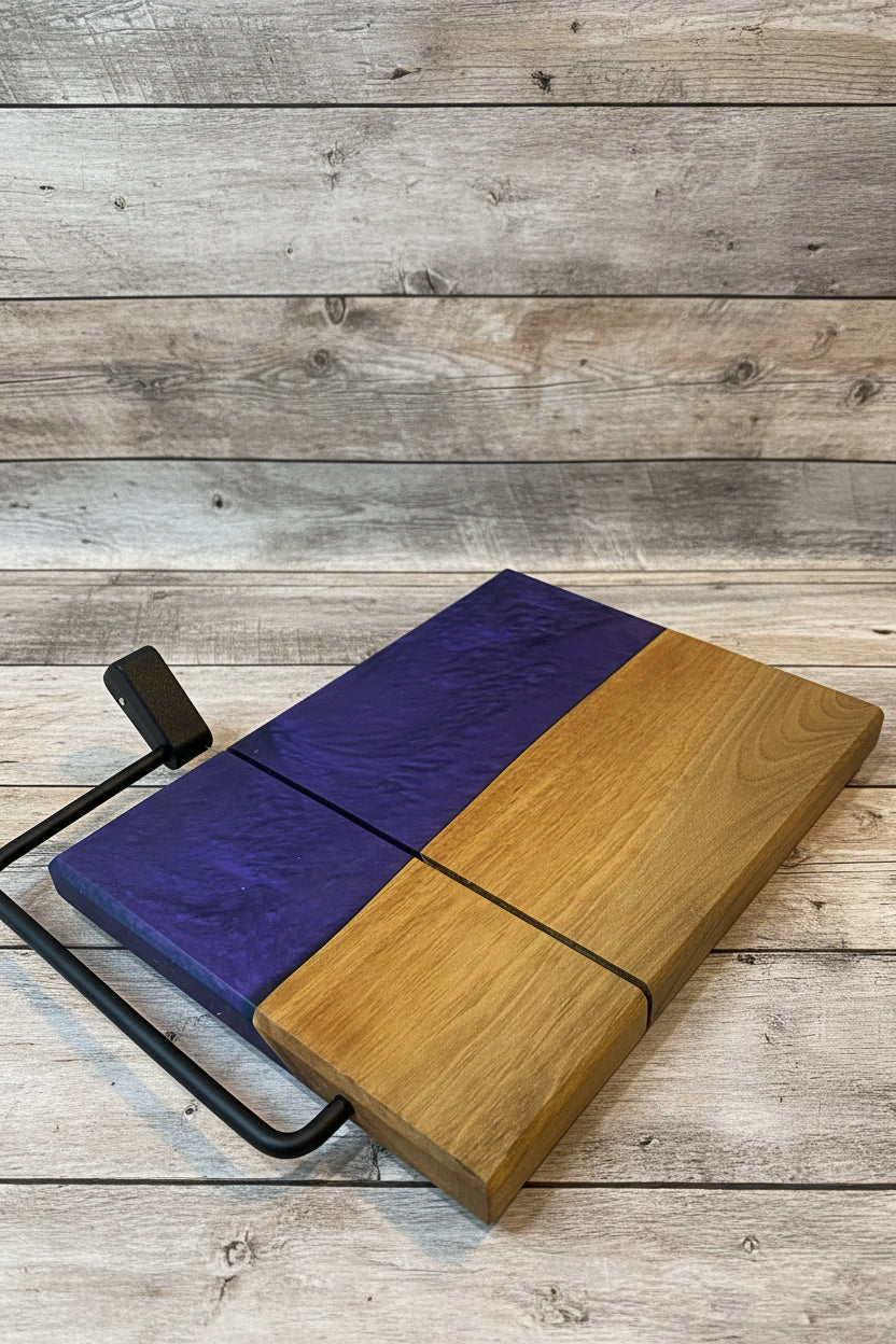 Wooden and blue mat with black handle on a wooden floor