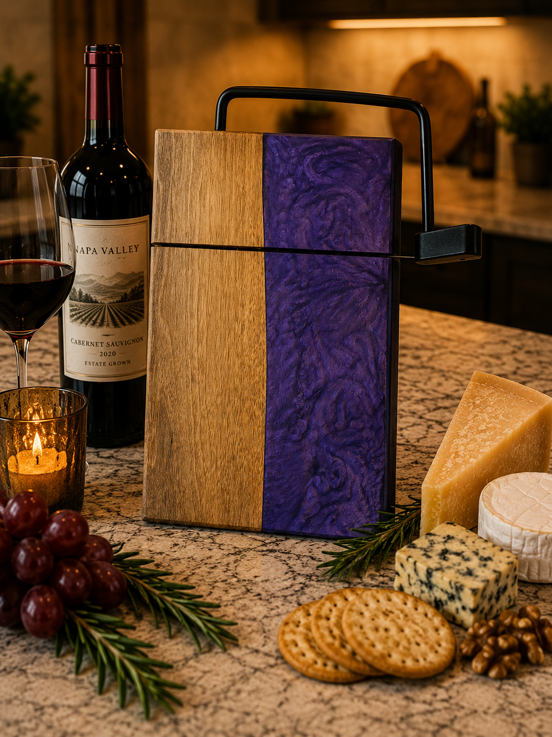 Wine bottle with a wooden and purple box, glass of wine, candles, grapes, and cheese on a table.