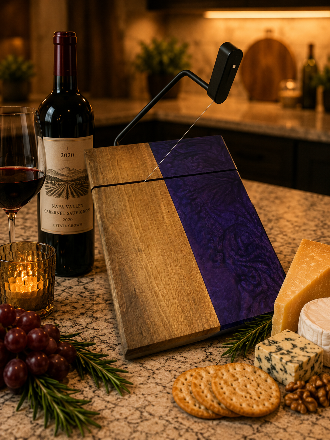 Wine bottle, glass, cutting board with purple and wood design, crackers, and cheese on a kitchen counter.