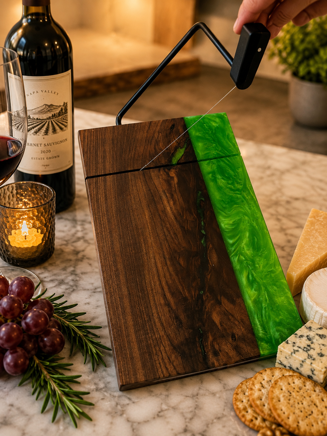 Wooden cutting board with green wrap on a marble surface with wine, grapes, and cheese.